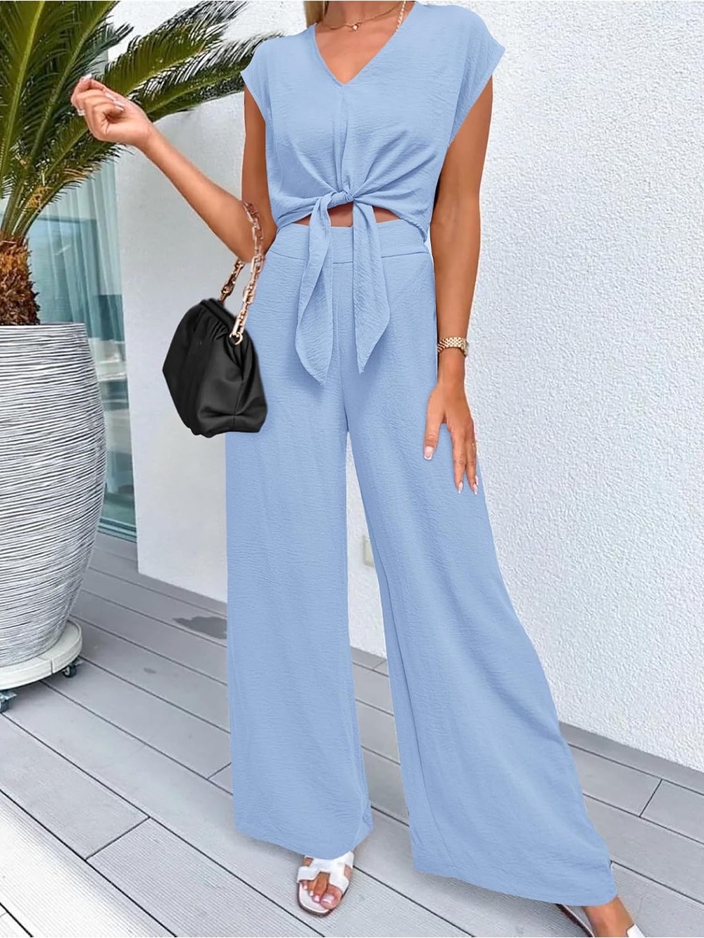 Tie-Front Wide-Leg Set - Light Blue Size L